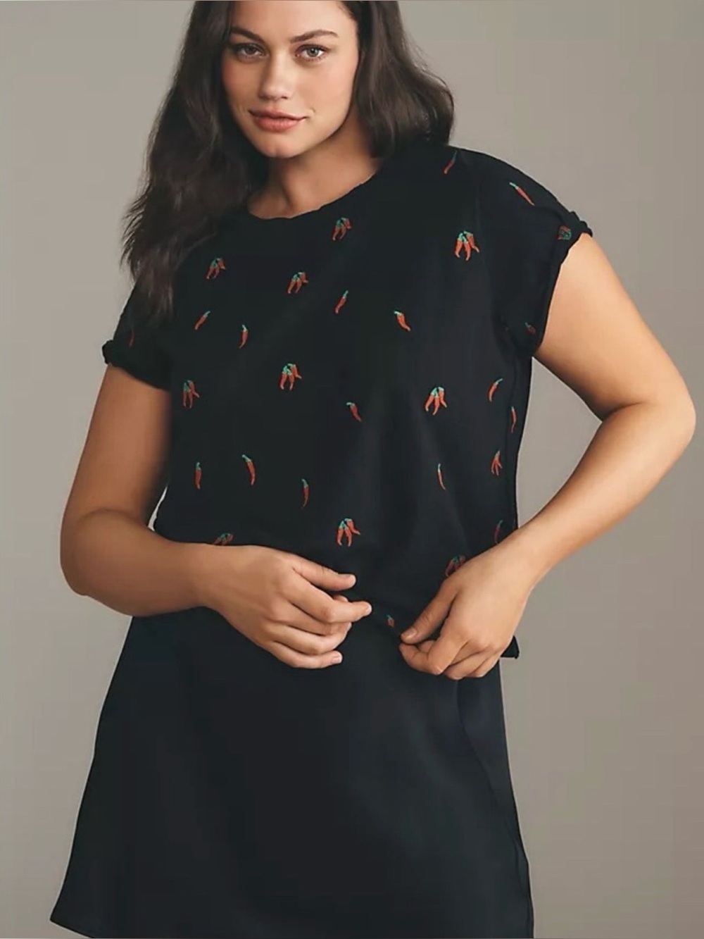 NWT Maeve Black Short Sleeve Top with Chili Pepper Embroidery Sz.SM Boho Casual